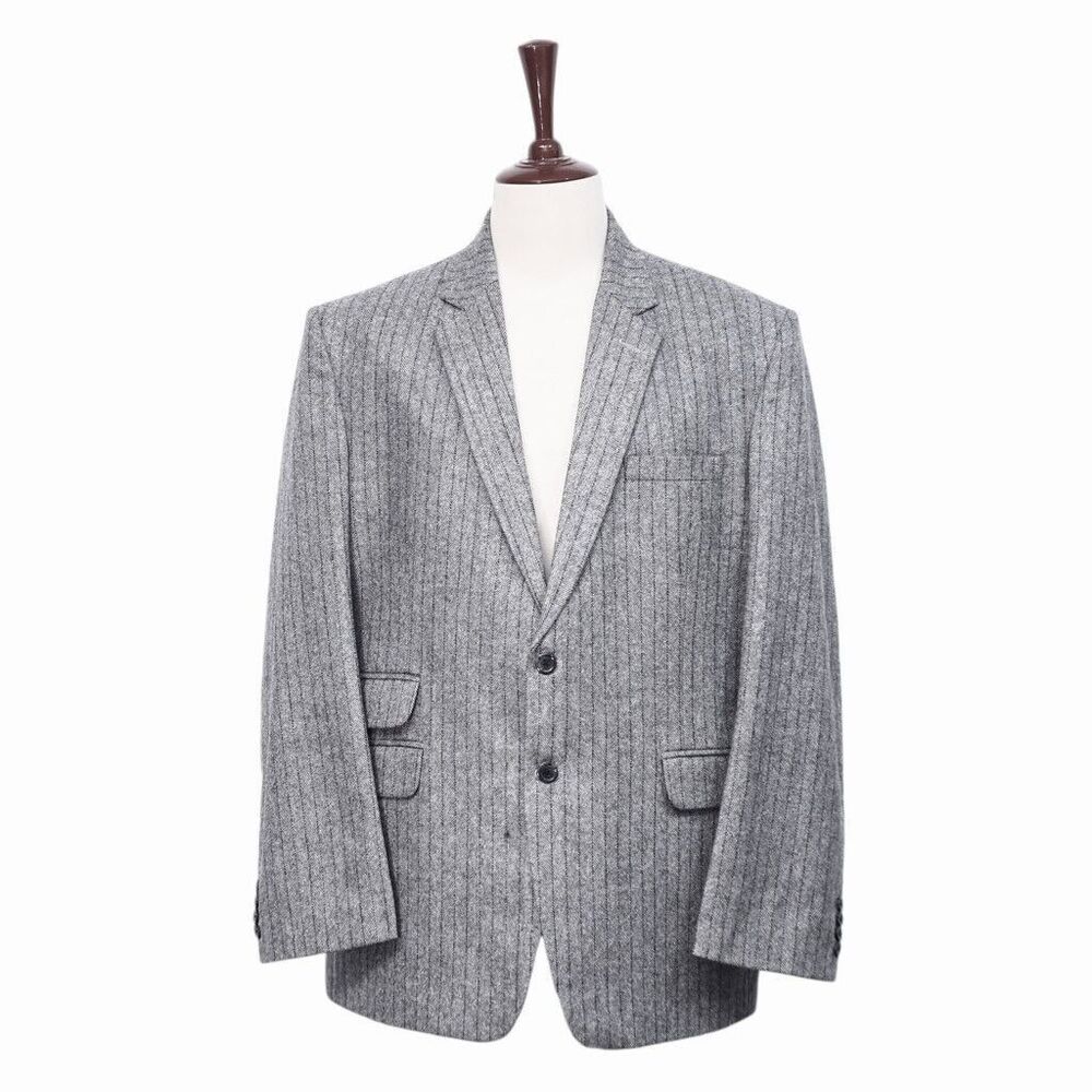 Mens Blazer Gray Herringbone Striped Wool Formal Jacket Wedding Sport Coat 48R